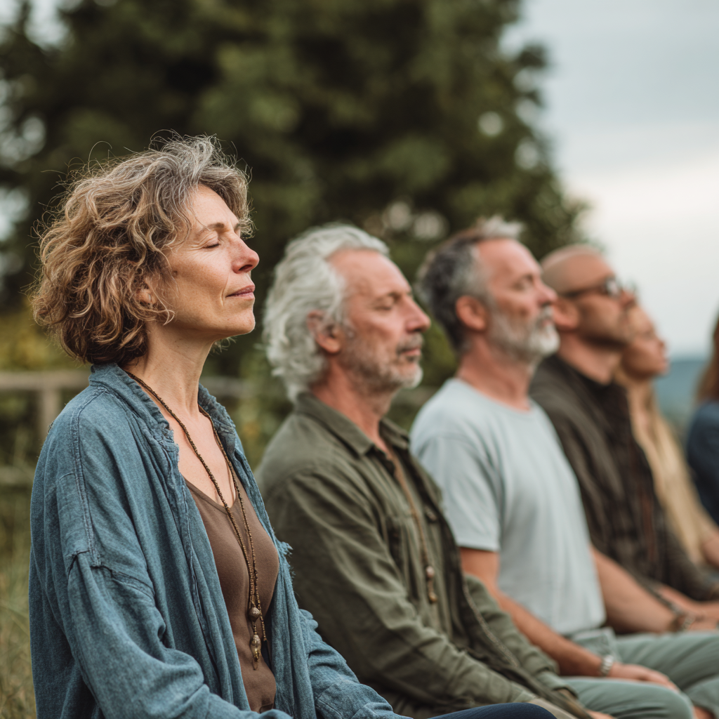 Mosolygós magyar felnőttek csoportja jógamatrac körül ülve, békés meditációban a stúdióban